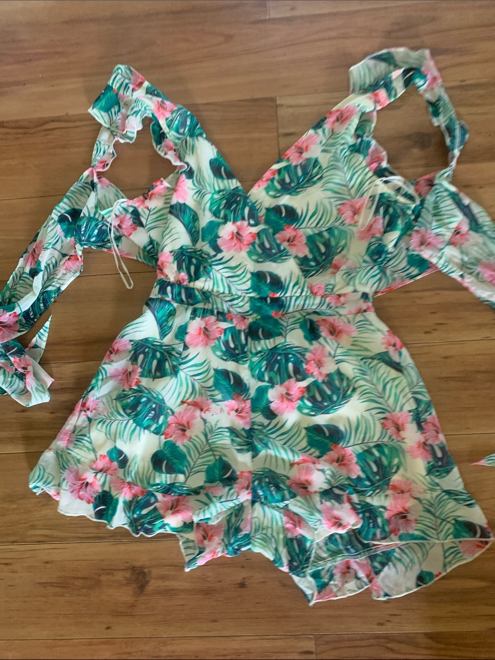 Girls Tropical Floral Romper in Green & Pink, Tie back